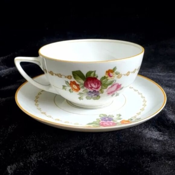 Antique Early 1900s ROSENTHAL SELB BAVARIA Floral Tea Cup & Saucer Set Gold Trim - Picture 1 of 11